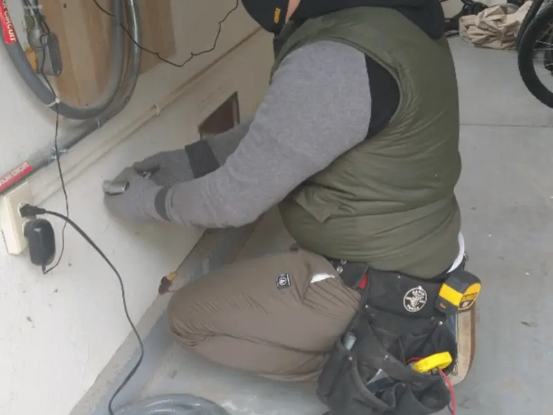 Electrician performing outlet wiring in a Dudley garage